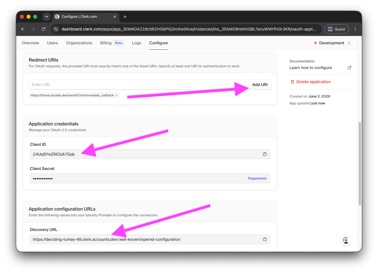 Clerk OAuth application Configure page with the Arcade redirect URI added and the Client ID and Discovery URL visible